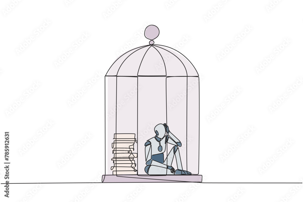 Poster continuous one line drawing robot trapped in the cage sitting down frustrated. stress with piling up