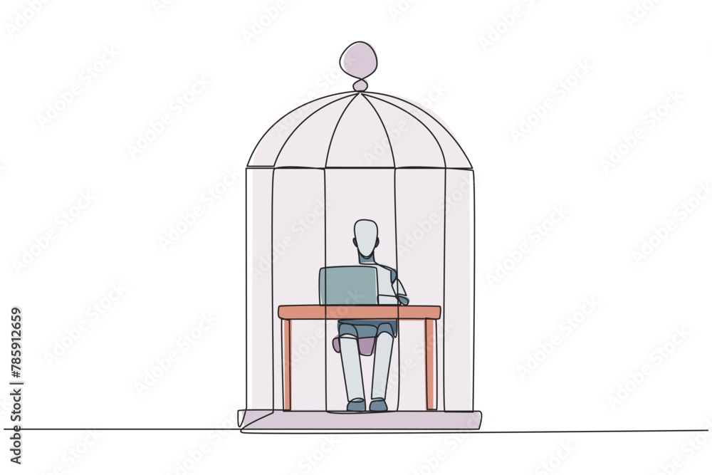 Poster continuous one line drawing robot trapped in the cage sitting and typing on laptop computer. tiring 
