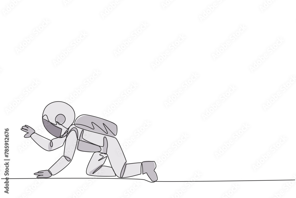 Aufkleber single continuous line drawing young tired astronaut. trying to get up after being attacked by a pan