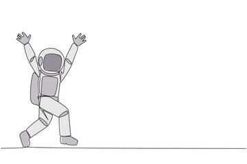 Fototapeta na wymiar Single one line drawing young astronaut running to celebrate the success of business. Like a football player who scores goal, he doing celebrates. Success. Continuous line design graphic illustration