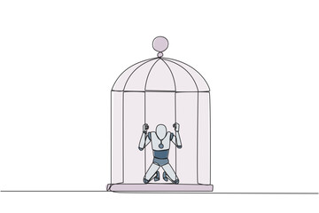 Single continuous line drawing robot trapped in the cage kneeling holding iron bars. Framed by business partner. Have to bear all the consequences. Unfair. AI tech. One line design vector illustration