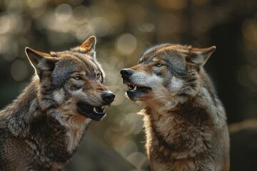 Two wolves fighting in the forest,  Portrait of wild animals