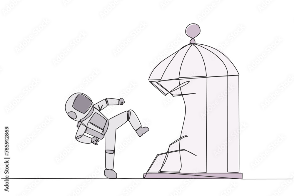 Poster single one line drawing taekwondo astronaut destroy the cage with the kick. metaphors remove the com