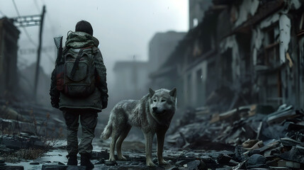 Forging Unbreakable Bonds:A Survivor and Their Animal Companion Navigating the Apocalyptic Landscape - obrazy, fototapety, plakaty