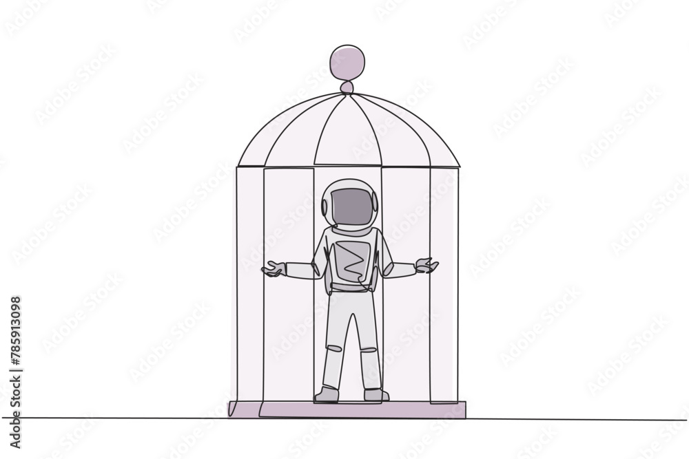 Poster single continuous line drawing astronaut trapped in cage standing with open arms. surrender to the s