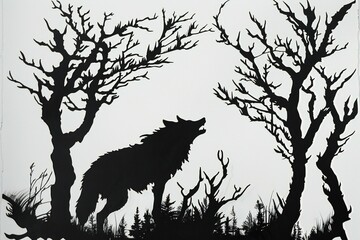 Silhouette of a wolf in the forest with dead trees