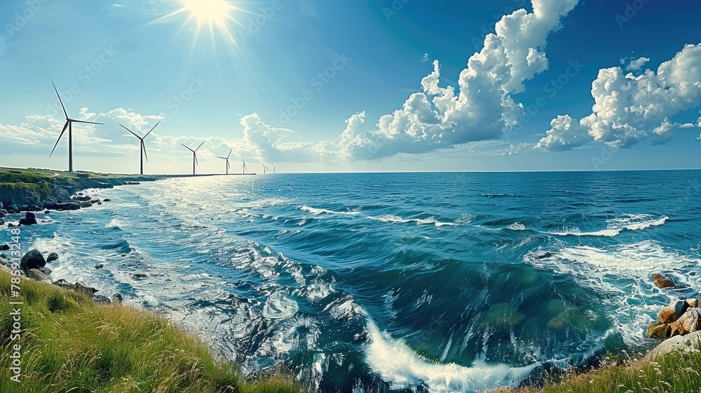Poster a panoramic view of an ocean with wind turbines, representing the future of sustainable energy and g