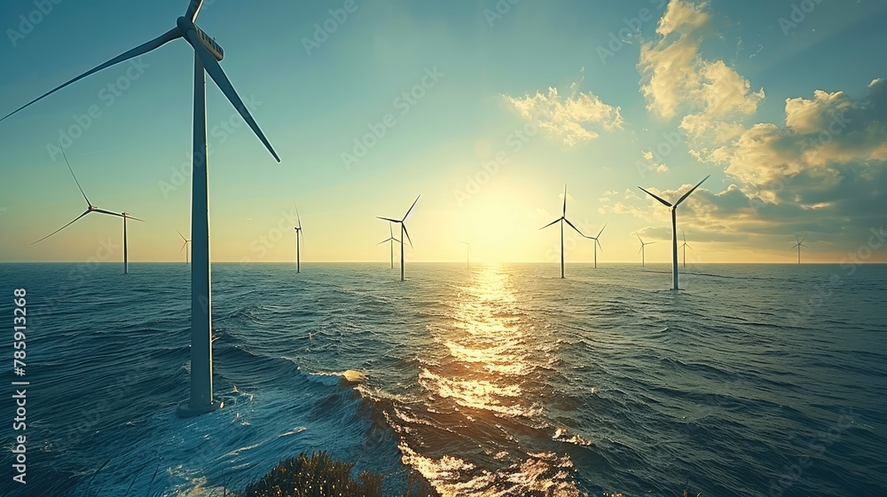 Poster a panoramic view of an ocean with wind turbines, representing the future of sustainable energy and g