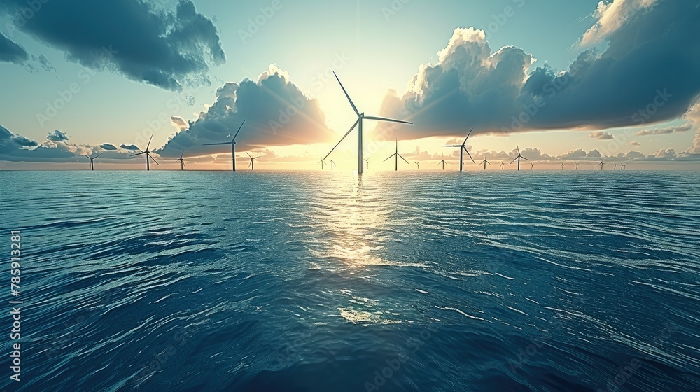 Poster a panoramic view of an ocean with wind turbines, representing the future of sustainable energy and g
