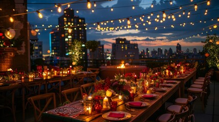 Outdoor evening event with festive lights and city view, perfect for gatherings and celebrations.