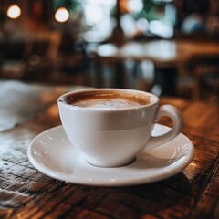 Close-up of coffee mug, ideal for representing breakfast, energy, or cafe ambiance.