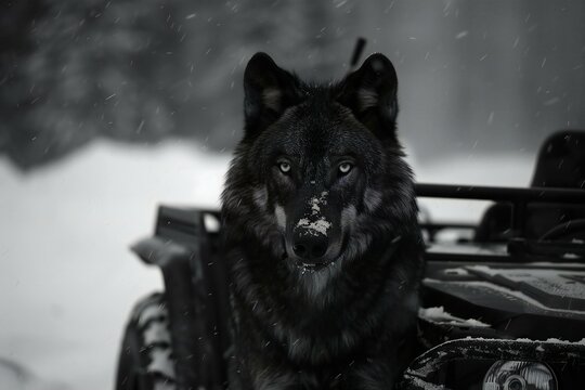 Black wolf on the car in the snow,  Black and white photo