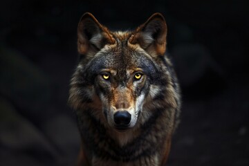 Portrait of a gray wolf with yellow eyes on a black background