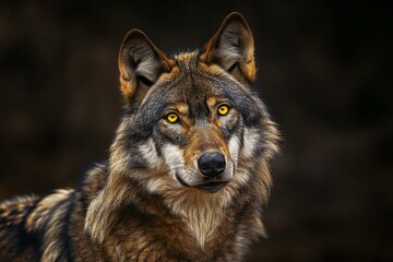 Portrait of a gray wolf with yellow eyes on a dark background - obrazy, fototapety, plakaty