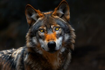 Close-up portrait of a wolf with yellow eyes in the forest