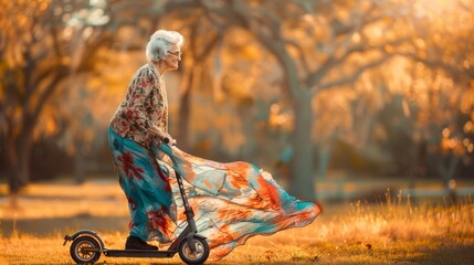 Joyful senior on electric scooter, a metaphor for embracing modernity at any age. - obrazy, fototapety, plakaty