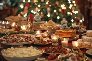 Fototapeta premium Festive banquet table against a tree with lights, capturing holiday warmth and joy.