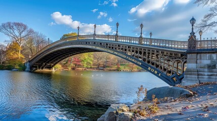 A stunning view of a bridge gracefully spanning across a calm river, creating a picturesque and serene landscape with reflections of the bridge in the water.