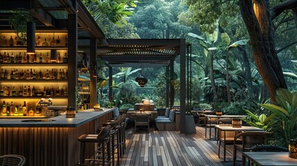 Bar, ground-level, restaurant, forest setting, natural surroundings. Generative AI.