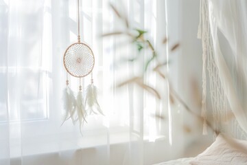 Serene Bedroom Interior With Dream Catcher and Soft Natural Light - obrazy, fototapety, plakaty