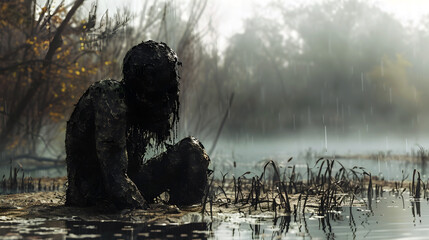 Haunting Ghoul Emerges from the Depths of the Swamp,Dripping with Decay in Cinematic 3D Render - obrazy, fototapety, plakaty