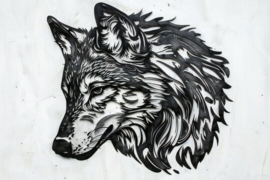 The head of a wolf painted on a white wall in the park