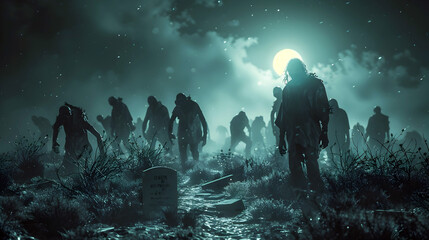 Haunting Horde of Undead Creatures Emerge Under Moonlit Cemetery Skies - obrazy, fototapety, plakaty