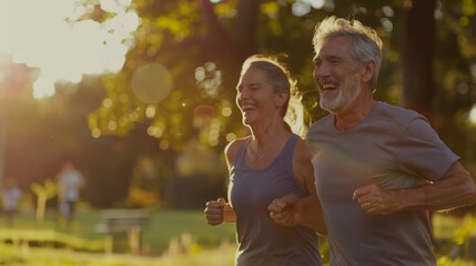 Senior couple jogging in the park, perfect for fitness, wellness, or active lifestyle themes.