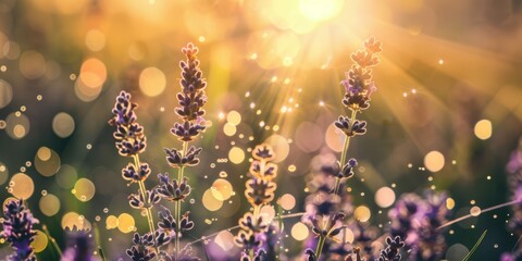 Lavender field at dawn with light flares, perfect for themes of aromatherapy, agriculture, or spring.