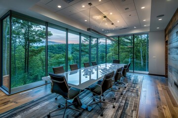 Modern glass-enclosed conference room with panoramic views of nature. - obrazy, fototapety, plakaty