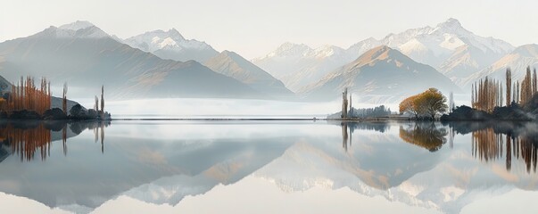Aesthetic image of Lake Wanaka, evoking a sense of calm and tranquility. - obrazy, fototapety, plakaty