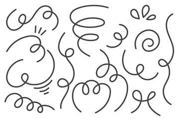 Swash vector lines. Curly hand drawn underlines. Swirl swishes and swooshes strokes. Squiggle decorative shapes. Wind motion wavy flow. Scroll cartoon doodles.