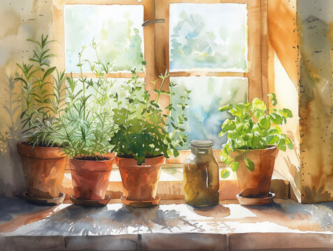 Morning light streams through the window and green plants in pots create a warm and refreshing atmosphere.