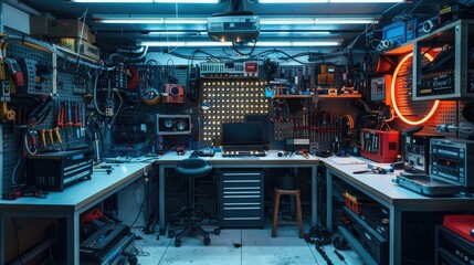 A tinker laboratory with dismantled desktop and laptop computers on work benches, well organized tools for computer repair on the walls, including screwdrivers, wrench. Generative AI. - obrazy, fototapety, plakaty