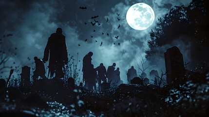 Haunting Silhouettes Emerge from the Moonlit Cemetery in a Chilling Supernatural Scene - obrazy, fototapety, plakaty