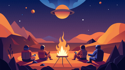 In the middle of a rocky alien landscape a group of intrepid astronauts sit around a campfire roasting marshmallows and sharing stories as - obrazy, fototapety, plakaty