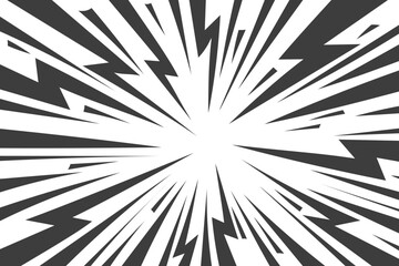 Speed lines in frame for manga comics book. Radial motion background with flash and lightning. Monochrome explosion and flash glow. Vector concentric textured illustration