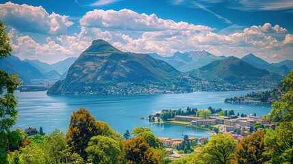 Naklejka premium A stunning scene of towering mountains reflected in a calm, crystal-clear lake, with trees lining the water's edge for a harmonious and peaceful atmosphere.