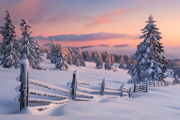 Winter Sunset Over Snow-Covered Pine Trees and Wooden Fence in Mountain Landscape