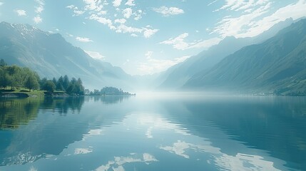 A serene lake reflecting the surrounding mountains. Generative AI. - obrazy, fototapety, plakaty