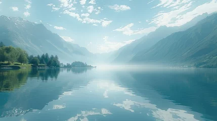 Tableaux sur verre Réflexion A serene lake reflecting the surrounding mountains. Generative AI.