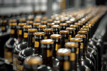 Bottles of beer on conveyor belt in warehouse, closeup - obrazy, fototapety, plakaty
