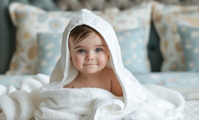 Beautiful Baby Wrapped in Cozy Knit Blanket Surrounded by White Blossoms