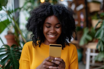 Smiling Young Woman Using Smartphone in a Cozy Indoor Environment