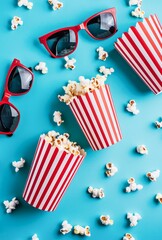 Quirky Box of Popcorn With Red Sunglasses Against a Blue Background