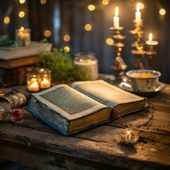 Naklejka na ściany i meble old book and candle,an ancient tome bathed in magical lights resting on a weathered vintage table, inviting viewers into a world of mystery and intrigue.