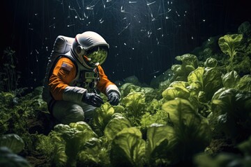 Thinning Out Plants: Astronauts thinning out overcrowded plants for better growth. - obrazy, fototapety, plakaty