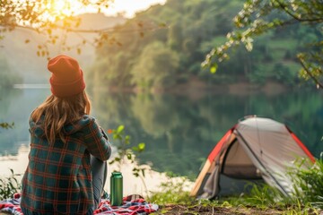 Young Woman Enjoying a Serene Sunset Beside a Camp Tent in the Mountains