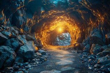 Underground tunnel with light in the cave,   rendering - obrazy, fototapety, plakaty