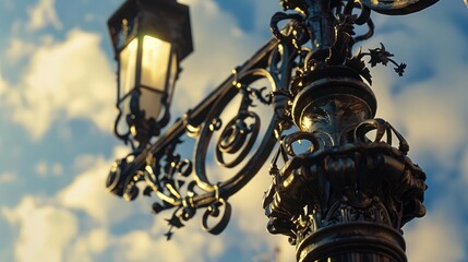 Fototapeta na wymiar Intricate wrought iron detailing on a historic street lamp post, showcasing craftsmanship and elegance,